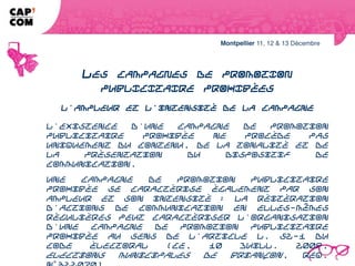 LES CAMPAGNES DE PROMOTION
               PUBLICITAIRE PROHIBÉES
                   L'ampleur et l'intensité de la campagne

L'existence d'une campagne de promotion publicitaire prohibée ne procède pas
uniquement du contenu, de la tonalité et de la présentation du dispositif de
communication.
Une campagne de promotion publicitaire prohibée se caractérise également par
son ampleur et son intensité : la réitération d'actions de communication en elles-
mêmes régulières peut caractériser l'organisation d'une campagne de promotion
publicitaire prohibée au sens de l'article L. 52-1 du Code électoral (CE, 10 juill.
2009, Elections municipales de Briançon, req. n° 322070).
 