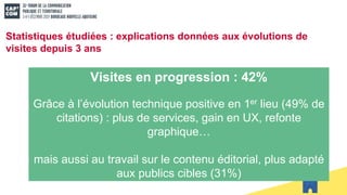 Statistiques étudiées : explications données aux évolutions de
visites depuis 3 ans
Visites en progression : 42%
Grâce à l’évolution technique positive en 1er lieu (49% de
citations) : plus de services, gain en UX, refonte
graphique…
mais aussi au travail sur le contenu éditorial, plus adapté
aux publics cibles (31%)
 