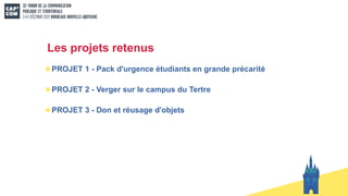 Les projets retenus
PROJET 1 - Pack d'urgence étudiants en grande précarité
PROJET 2 - Verger sur le campus du Tertre
PROJET 3 - Don et réusage d'objets
 