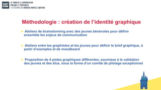 Méthodologie : création de l’identité graphique
Ateliers de brainstorming avec des jeunes bénévoles pour définir
ensemble les enjeux de communication
Ateliers entre les graphistes et les jeunes pour définir le brief graphique, à
partir d’exemples et de moodboard
Proposition de 4 pistes graphiques différentes, soumises à la validation
des jeunes et des élus, sous la forme d’un comité de pilotage exceptionnel
 