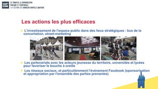 Les actions les plus efficaces
L’investissement de l’espace public dans des lieux stratégiques : bus de la
concertation, street-marketing
Les partenariats avec les acteurs jeunesse du territoire, universités et lycées
pour favoriser le bouche à oreille
Les réseaux sociaux, et particulièrement l’événement Facebook (sponsorisation
et appropriation par l’ensemble des parties prenantes)
 