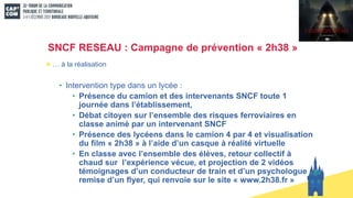 SNCF RESEAU : Campagne de prévention « 2h38 »
… à la réalisation
• Intervention type dans un lycée :
• Présence du camion et des intervenants SNCF toute 1
journée dans l’établissement,
• Débat citoyen sur l’ensemble des risques ferroviaires en
classe animé par un intervenant SNCF
• Présence des lycéens dans le camion 4 par 4 et visualisation
du film « 2h38 » à l’aide d’un casque à réalité virtuelle
• En classe avec l’ensemble des élèves, retour collectif à
chaud sur l’expérience vécue, et projection de 2 vidéos
témoignages d’un conducteur de train et d’un psychologue +
remise d’un flyer, qui renvoie sur le site « www.2h38.fr »
 