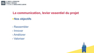 La communication, levier essentiel du projet
Nos objectifs
- Rassembler
- Innover
- Améliorer
- Valoriser
 