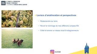 Leviers d’amélioration et perspectives
• Redescendre sur terre
• Revoir le nommage de mes différents comptes RS
• Créer et animer un réseau local d’instagrammeurs
CC2V60
 