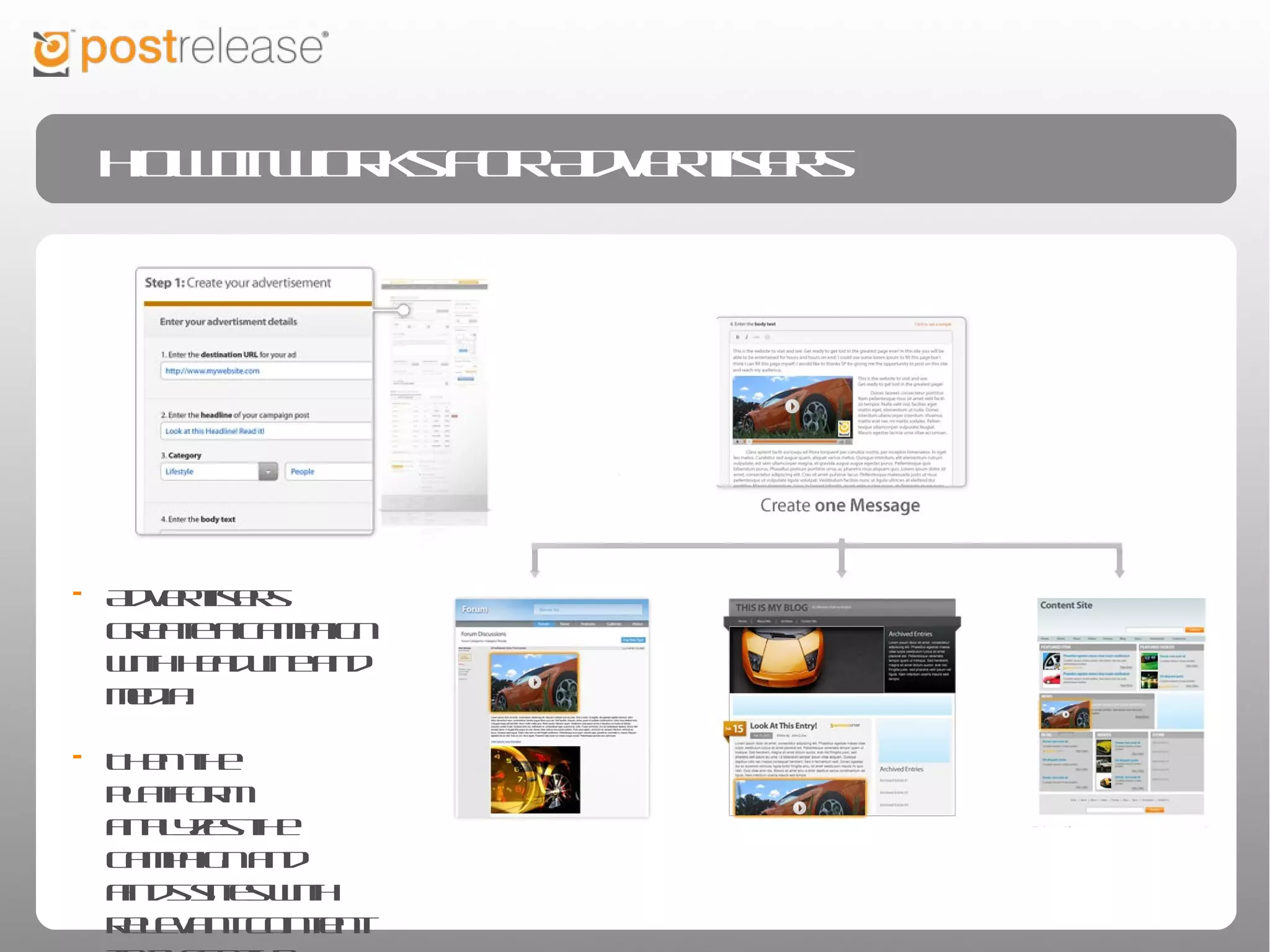 How It Works For Advertisers




• Advertisers create a
   campaign with
   headline and media.

• Then the platform
   analyzes the
   campaign and finds
   sites with relevant
   content to place the
   message on.
 