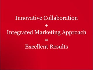 10
Innovative Collaboration
+
Integrated Marketing Approach
=
Excellent Results
 
