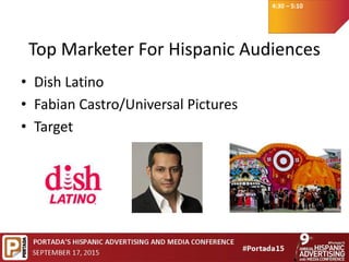 4:30 – 5:10
Top Marketer For Hispanic Audiences
• Dish Latino
• Fabian Castro/Universal Pictures
• Target
 