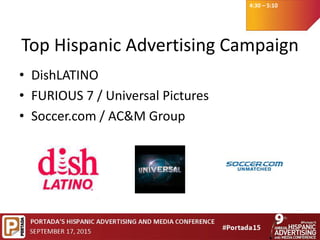 4:30 – 5:10
Top Hispanic Advertising Campaign
• DishLATINO
• FURIOUS 7 / Universal Pictures
• Soccer.com / AC&M Group
 
