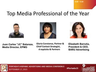 4:30 – 5:10
Top Media Professional of the Year
Elizabeth Barrutia,
President & CEO,
BARU Advertising
Juan Carlos "JC" Balarezo,
Media Director, EPMG
Gloria Constanza, Partner &
Chief Contact Strategist,
d expósito & Partners
 