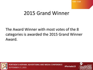 4:30 – 5:10
2015 Grand Winner
The Award Winner with most votes of the 8
categories is awarded the 2015 Grand Winner
Award.
 