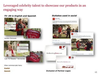 13
Leveraged celebrity talent to showcase our products in an
engaging way
View commercials here:
English
Spanish
Landon Donovan
Luis “El Matador” Hernandez
TV :30 in English and Spanish Outtakes used in social
Inclusion of Partner Logos
 
