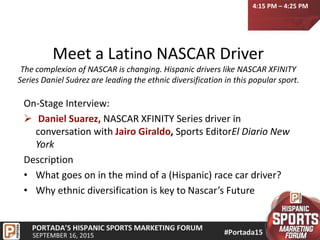 Meet a Latino NASCAR Driver
The complexion of NASCAR is changing. Hispanic drivers like NASCAR XFINITY
Series Daniel Suárez are leading the ethnic diversification in this popular sport.
On-Stage Interview:
 Daniel Suarez, NASCAR XFINITY Series driver in
conversation with Jairo Giraldo, Sports EditorEl Diario New
York
Description
• What goes on in the mind of a (Hispanic) race car driver?
• Why ethnic diversification is key to Nascar’s Future
4:15 PM – 4:25 PM
 