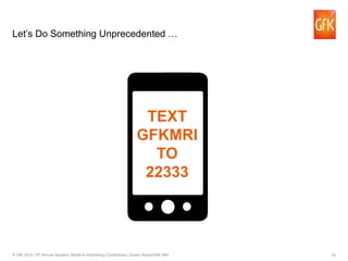 33© GfK 2015 | 9th Annual Hispanic Media & Advertising Conference | Susan Nunez/GfK MRI
Let’s Do Something Unprecedented …
TEXT
GFKMRI
TO
22333
 