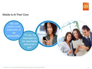 40© GfK 2015 | 9th Annual Hispanic Media & Advertising Conference | Susan Nunez/GfK MRI
Mobile Is At Their Core
“My cell
phone is an
extension of
my
personality” “To me, it’s
important to
be reachable
wherever I
am”
 