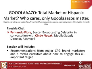 GOOOLAAAZO: Total Market or Hispanic
Market? Who cares, only Gooolaaazos matter.
Hispanic Marketing and Media: Past, Present and Future as experienced and expected by Soccer Celebrity Star Fernando
Fiore
Fireside Chat:
 Fernando Fiore, Soccer Broadcasting Celebrity, in
conversation with Cindy Novak, Mobile Supply
Director, Adsmovil
Session will include:
• Recommendations from major CPG brand marketers
and a media executive about how to engage this all-
important target.
11:30 AM – 12:15 PM
 