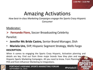 Amazing Activations
How best-in-class Marketing Campaigns engage the Sports Crazy Hispanic
Consumer
Moderator:
 Fernando Fiore, Soccer Broadcasting Celebrity
Panelist:
• Jennifer Mc Bride Castro, Senior Brand Manager, Dish
• Mariela Ure, SVP, Hispanic Segment Strategy, Wells Fargo
DESCRIPTION:
When it comes to engaging the Sports Crazy Hispanic, Activation planning and
details are key. Find out from three major brands how they plan and execute
Hispanic Sports Marketing Campaigns. All you need to know. From Planning to the
POS and from Influencer Marketing to Integrations.
2:30 PM – 3:10 PM
 
