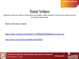 Total Video
Hispanics vastly over-index in online video consumption. What marketers need to do to really seize this
tremendous opportunity.
3:30 PM – 4:25 PM
Manny González Videos
https://www.youtube.com/watch?v=Ik8f55dkGNQ&feature=youtu.be
http://qlnk.io/ql/55dcbe2ae4b04ca017dbf5d6
 