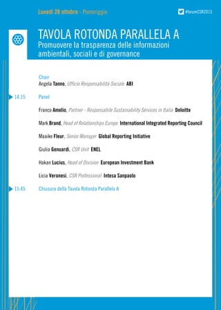 Lunedì 28 ottobre - Pomeriggio

#forumCSR2013

TAVOLA ROTONDA PARALLELA A
Promuovere la trasparenza delle informazioni
ambientali, sociali e di governance
	
Chair
	Angela Tanno, Ufficio Responsabilità Sociale ABI
14.15	Panel
	Franco Amelio, Partner - Responsabile Sustainability Services in Italia Deloitte
	Mark Brand, Head of Relationships Europe International Integrated Reporting Council
	Maaike Fleur, Senior Manager Global Reporting Initiative
	Giulia Genuardi, CSR Unit ENEL
	
	Hakan Lucius, Head of Division European Investment Bank
	Licia Veronesi, CSR Professional Intesa Sanpaolo
15.45	

Chiusura della Tavola Rotonda Parallela A

 