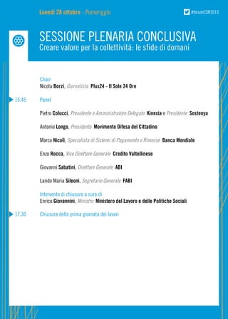 Lunedì 28 ottobre - Pomeriggio

#forumCSR2013

SESSIONE PLENARIA CONCLUSIVA
Creare valore per la collettività: le sfide di domani

	Chair
	
Nicola Borzi, Giornalista Plus24 - Il Sole 24 Ore
15.45	Panel
	Pietro Colucci, Presidente e Amministratore Delegato Kinexia e Presidente Sostenya
	Antonio Longo, Presidente Movimento Difesa del Cittadino
	Marco Nicolì, Specialista di Sistemi di Pagamento e Rimesse Banca Mondiale
	Enzo Rocca, Vice Direttore Generale Credito Valtellinese
	Giovanni Sabatini, Direttore Generale ABI
	

Lando Maria Sileoni, Segretario Generale FABI

	
Intervento di chiusura a cura di
	Enrico Giovannini, Ministro Ministero del Lavoro e delle Politiche Sociali
17.30	

Chiusura della prima giornata dei lavori

 