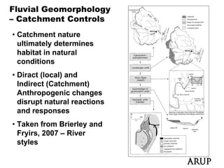 Fluvial Geomorphology
– Catchment Controls
• Catchment nature
  ultimately determines
  habitat in natural
  conditions
• Diract (
         (local) and
               )
  Indirect (Catchment)
  Anthropogenic changes
         p g           g
  disrupt natural reactions
  and responses
• Taken from Brierley and
  Fryirs, 2007 – River
  styles
 