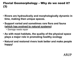 Fluvial Geomorphology – Why do we need it?
(3)


• Rivers are hydraulically and morphologically dynamic in
  time, making then unique spaces.
• Support varied and sometimes rare flora and fauna
    pp
  (which has evolved to natural systems)
  • Damage needs repair

• As with most habitats, the quality of the physical space
  plays a major role in promoting healthy ecology
•N t
 Natural and restored rivers look better and make people
       l d      t   d i      l k b tt      d   k      l
 happy!
 