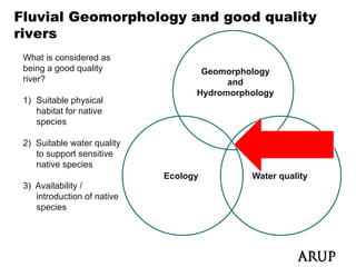 Fluvial Geomorphology and good quality
rivers
   e s
 What is considered as
 being a good quality               Geomorphology
                                               gy
  i ?
 river?                                  and
                                   Hydromorphology
 1) Suitable physical
    habitat for native
    species

 2) Suitable water quality
    to support sensitive
    native species
                             Ecology         Water quality
 3) Availability /
    introduction of native
    species
 