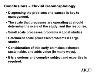 Conclusions – Fluvial Geomorphology
• Diagnosing the problems and causes is key to
  management.
• The scale that processes are operating at should
  determine the scale of the study, and the response.
• S ll scale processes/problems = Local studies
  Small   l           /   bl      L   l t di
• Catchment scale processes/problems = Large
  studies
• Consideration of this early on makes schemes
  sustainable,
  sustainable and adds value (in many ways)
                                       ways).
• It is a serious and complex subject and expertise is
  required.
     q
 
