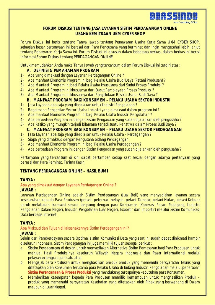 FORUM DISKUSI JASA LAYANAN PERDAGANGAN ONLINE HASIL BUMI