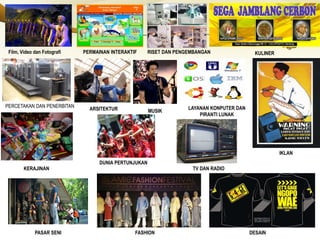 Film, Video dan Fotografi PERMAINAN INTERAKTIF RISET DAN PENGEMBANGAN KULINER
PERCETAKAN DAN PENERBITAN
ARSITEKTUR MUSIK
LAYANAN KONPUTER DAN
PIRANTI LUNAK
IKLAN
KERAJINAN
DUNIA PERTUNJUKAN
TV DAN RADIO
PASAR SENI FASHION DESAIN
 