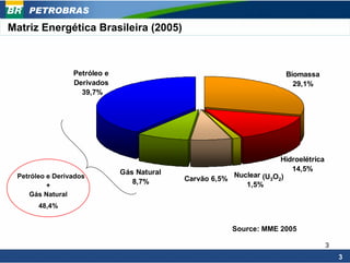 PETROBRAS

Matriz Energética Brasileira (2005)



                 Petróleo e                                             Biomassa
                 Derivados                                                29,1%
                   39,7%




                                                                      Hidroelétrica
                              Gás Natural                                14,5%
 Petróleo e Derivados                                   Nuclear (U3.O2)
                                 8,7%       Carvão 6,5%
          +                                                1,5%
     Gás Natural
       48,4%


                                                         Source: MME 2005

                                                                                      3
                                                                                          3
 
