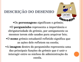 Os  personagens  significam o grêmio; O  pergaminho  representa a importância e obrigatoriedade do grêmio, por antigamente os mesmos terem sido usados para arquivar leis; O  nome  grêmio estudantil refletido significa que as ações dele refletem na escola; A  imagem  dentro do pergaminho representa uma das principais funções do grêmio que é unir e interagir entre os núcleos de administração da escola.  DESCRIÇÃO DO DESENHO 