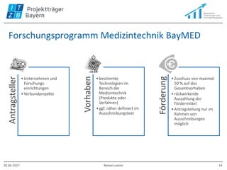 Forschungsprogramm Medizintechnik BayMED
Antragsteller
•Unternehmen und
Forschungs-
einrichtungen
•Verbundprojekte
Vorhaben
•bestimmte
Technologien im
Bereich der
Medizintechnik
(Produkte oder
Verfahren)
•ggf. näher definiert im
Ausschreibungstext
Förderung
•Zuschuss von maximal
50 % auf das
Gesamtvorhaben
•rückwirkende
Auszahlung der
Fördermittel
•Antragstellung nur im
Rahmen von
Ausschreibungen
möglich
03.04.2017 Rainer Lorenz 14
 