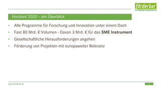 21www.foerderbar.de
Horizont 2020 – ein Überblick
• Alle Programme für Forschung und Innovation unter einem Dach
• Fast 80 Mrd. € Volumen - Davon 3 Mrd. € für das SME Instrument
• Gesellschaftliche Herausforderungen angehen
• Förderung von Projekten mit europaweiter Relevanz
 