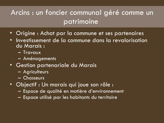 Arcins : un foncier communal géré comme un patrimoine  Origine : Achat par la commune et ses partenaires  Investissement de la commune dans la revalorisation du Marais :  Travaux  Aménagements  Gestion partenariale du Marais  Agriculteurs  Chasseurs  Objectif : Un marais qui joue son rôle :  Espace de qualité en matière d’environnement  Espace utilisé par les habitants du territoire  