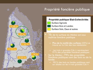 Propriété foncière publique  ¼  de la surface du Médoc est sous maîtrise foncière publique  Plus de la moitié des surfaces  (55%) se trouve sur la Cdc des lacs médocains Les trois « grandes Cdc » représentent 91% des propriétés foncières publiques  Sur le Médoc : 79% des propriétés foncières publiques sont des bois ou de la lande:  90 % des bois ou landes publiques sont sur situées sur les « trois grandes Cdc » 