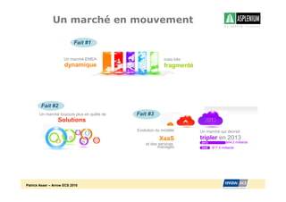 Un marché en mouvement

                           Fait #1

                      Un marché EMEA                      mais très
                      dynamique                           fragmenté




        Fait #2
       Un marché toujours plus en quête de   Fait #3
                  Solutions
                                             Evolution du modèle      Un marché qui devrait
                                                        XaaS          tripler en 2013
                                                                      2013            $44.2 milliards
                                                 et des services
                                                       managés        2009   $17.4 milliards




Patrick Asser – Arrow ECS 2010
 
