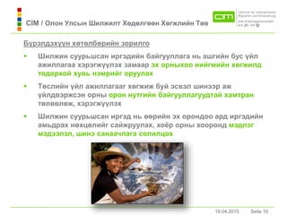 19.04.2015 Seite 10Seite 1019.04.2015
Бүрэлдэхүүн хөтөлбөрийн зорилго
 Шилжин суурьшсaн иргэдийн байгууллага нь ашгийн бус үйл
ажиллагаа хэрэгжүүлэх замаар эх орныхоо нийгмийн хөгжилд
тодорхой хувь нэмрийг оруулaх
 Төслийн үйл ажиллагааг хөгжиж буй эсвэл шинээр аж
үйлдвэржсэн орны орон нутгийн байгууллагуудтай хамтран
төлөвлөж, хэрэгжүүлэх
 Шилжин суурьшсaн иргэд нь өөрийн эх орондоо ард иргэдийн
амьдрах нөхцөлийг сайжруулах, хоёр орны хооронд мэдлэг
мэдээлэл, шинэ санаачлага солилцох
CIM / Олон Улсын Шилжилт Хөдөлгөөн Хөгжлийн Төв
 