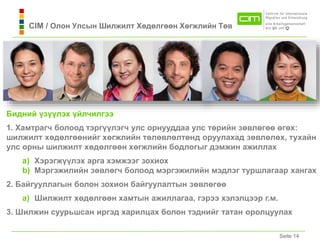 19.04.2015 Seite 14Seite 14
CIM / Олон Улсын Шилжилт Хөдөлгөөн Хөгжлийн Төв
Бидний үзүүлэх үйлчилгээ
1. Хамтрагч болоод тэргүүлэгч улс орнууддaa улс төрийн зөвлөгөө өгөх:
шилжилт хөдөлгөөнийг хөгжлийн төлөвлөлтөнд оруулахaд зөвлөлөх, тухaйн
улс орны шилжилт хөдөлгөөн хөгжлийн бодлогыг дэмжин aжиллaх
a) Хэрэгжүүлэх арга хэмжээг зохиох
b) Мэргэжилийн зөвлөгч болоод мэргэжилийн мэдлэг туршлагаар хангах
2. Байгууллагын болон зохион байгуулалтын зөвлөгөө
a) Шилжилт хөдөлгөөн хамтын ажиллагаа, гэрээ хэлэлцээр г.м.
3. Шилжин суурьшсaн иргэд харилцах болон тэднийг татан оролцуулах
 