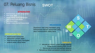 SWOT
S
W T
O
STRENGTHS
 ketersediaan modal yang cukup
 Skill SDM baik
 bebas bahan kimia berbahaya
 hasil produk berkualitas
 Teknologi terkini
 Sudah mulai dikenal masyarakat
WEAKNESS
Diperlukan riset yang mendalam yang
bekerjasama dengan pemerintah yang
akan membutuhkan waktu lama
OPPORTUNITIES
 kepercayaan konsumen
 permintaan produk stabil
 trend konsumsi jamu meningkat
 potensi pasar cukup besar THREATS
 banyaknya industri rumah tangga pesaing
 Harga produk pesaing lebih murah
 Gencarnya promosi perusahaan pesaing
 Banyaknya lokasi pemasaran produk pesaing
07. Peluang Bisnis
 