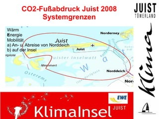 CO2-Fußabdruck Juist 2008
            Systemgrenzen
Wärm
e nergie
E
Mobilität
a) An- u. Abreise von Norddeich
b) auf der Insel
 