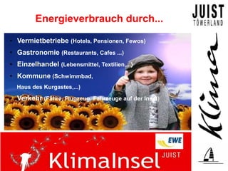 Energieverbrauch durch...
●   Vermietbetriebe (Hotels, Pensionen, Fewos)
●   Gastronomie (Restaurants, Cafes ...)
●   Einzelhandel (Lebensmittel, Textilien,...)
●   Kommune (Schwimmbad,
    Haus des Kurgastes,...)
●   Verkehr (Fähre, Flugzeug, Fahrzeuge auf der Insel)
 