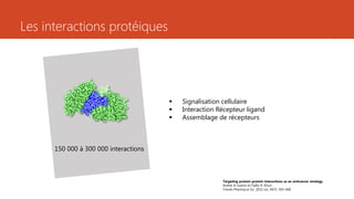 Les interactions protéiques
 Signalisation cellulaire
 Interaction Récepteur ligand
 Assemblage de récepteurs
150 000 à 300 000 interactions
Targeting protein-protein interactions as an anticancer strategy
Andrei A. Ivanov et Fadlo R. Khuri.
Trends Pharmacol Sci. 2013 Jul; 34(7): 393–400.
 