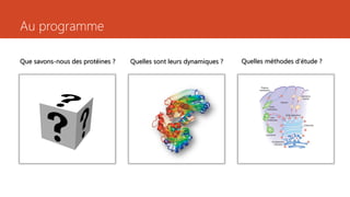 Au programme
Que savons-nous des protéines ? Quelles sont leurs dynamiques ? Quelles méthodes d’étude ?
 