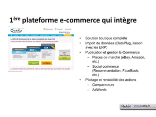 1ère plateforme e-commerce qui intègreSolution boutique complèteImport de données (DataPlug, liaison avec les ERP)Publication et gestion E-CommercePlaces de marché (eBay, Amazon, etc.)Social commerce (Recommandation, FaceBook, etc.)Pilotage et rentabilité des actionsComparateursAdWords