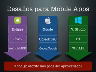 Desafios para Mobile Apps 
Eclipse 
Java 
Android SDK 
Xcode 
ObjectiveC 
Cocoa Touch 
V. Studio 
C# 
WP API 
O código escrito não pode ser aproveitado! 
 