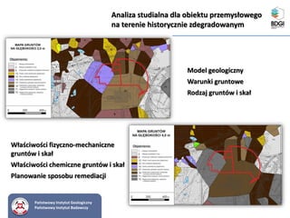 Właściwości fizyczno-mechaniczne
gruntów i skał
Właściwości chemiczne gruntów i skał
Planowanie sposobu remediacji
Model geologiczny
Warunki gruntowe
Rodzaj gruntów i skał
Państwowy Instytut Geologiczny
Państwowy Instytut Badawczy
Analiza studialna dla obiektu przemysłowego
na terenie historycznie zdegradowanym
 