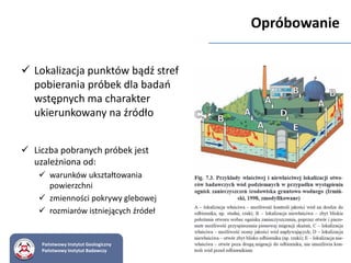  Lokalizacja punktów bądź stref
pobierania próbek dla badań
wstępnych ma charakter
ukierunkowany na źródło
 Liczba pobranych próbek jest
uzależniona od:
 warunków ukształtowania
powierzchni
 zmienności pokrywy glebowej
 rozmiarów istniejących źródeł
Państwowy Instytut Geologiczny
Państwowy Instytut Badawczy
Opróbowanie
 
