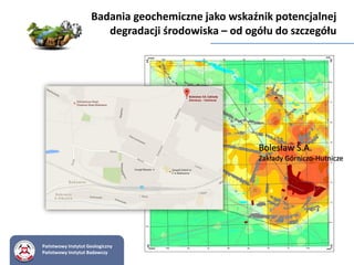 zawartość Pb
w glebach 0,8 – 1,0 m
10
25
100
250
500
1000
5000 mg/kg
Państwowy Instytut Geologiczny
Państwowy Instytut Badawczy
Badania geochemiczne jako wskaźnik potencjalnej
degradacji środowiska – od ogółu do szczegółu
Bolesław S.A.
Zakłady Górniczo-Hutnicze
 