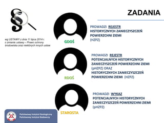 STAROSTA
GDOŚ
RDOŚ
PROWADZI REJESTR
HISTORYCZNYCH ZANIECZYSZCZEŃ
POWIERZCHNI ZIEMI
(HZPZ)
PROWADZI REJESTR
POTENCJALNYCH HISTORYCZNYCH
ZANIECZYSZCZEŃ POWIERZCHNI ZIEMI
(pHZPZ) ORAZ
HISTORYCZNYCH ZANIECZYSZCZEŃ
POWIERZCHNI ZIEMI (HZPZ)
PROWADZI WYKAZ
POTENCJALNYCH HISTORYCZNYCH
ZANIECZYSZCZEŃ POWIERZCHNI ZIEMI
(pHZPZ)
wg USTAWY z dnia 11 lipca 2014 r.
o zmianie ustawy – Prawo ochrony
środowiska oraz niektórych innych ustaw
Państwowy Instytut Geologiczny
Państwowy Instytut Badawczy
ZADANIA
 