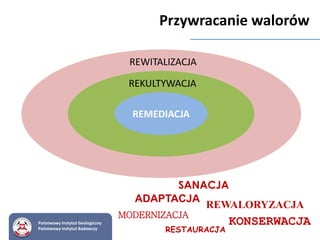 Państwowy Instytut Geologiczny
Państwowy Instytut Badawczy
REMEDIACJA
REKULTYWACJA
REWITALIZACJA
Przywracanie walorów
SANACJA
RESTAURACJA
MODERNIZACJA
REWALORYZACJA
ADAPTACJA
KONSERWACJA
 